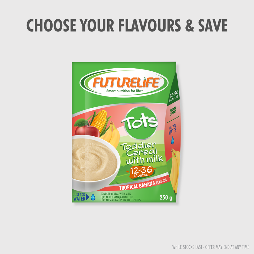 Green and pink FutureLife Tots Tropical Banana cereal with milk, 250g