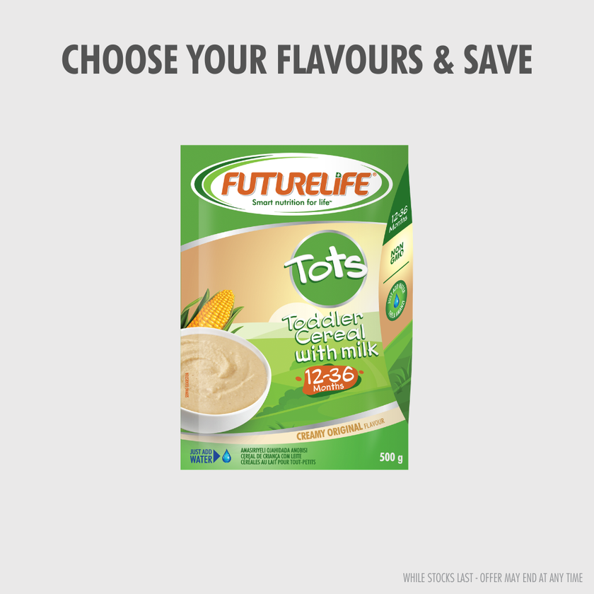 Green and beige Futurelife Tots Original toddler cereal with milk, 500g package