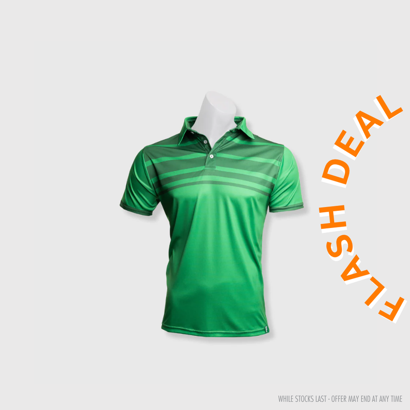 Green futurelife golfer polo shirt featuring horizontal striped accents and breathable fabric for active wear