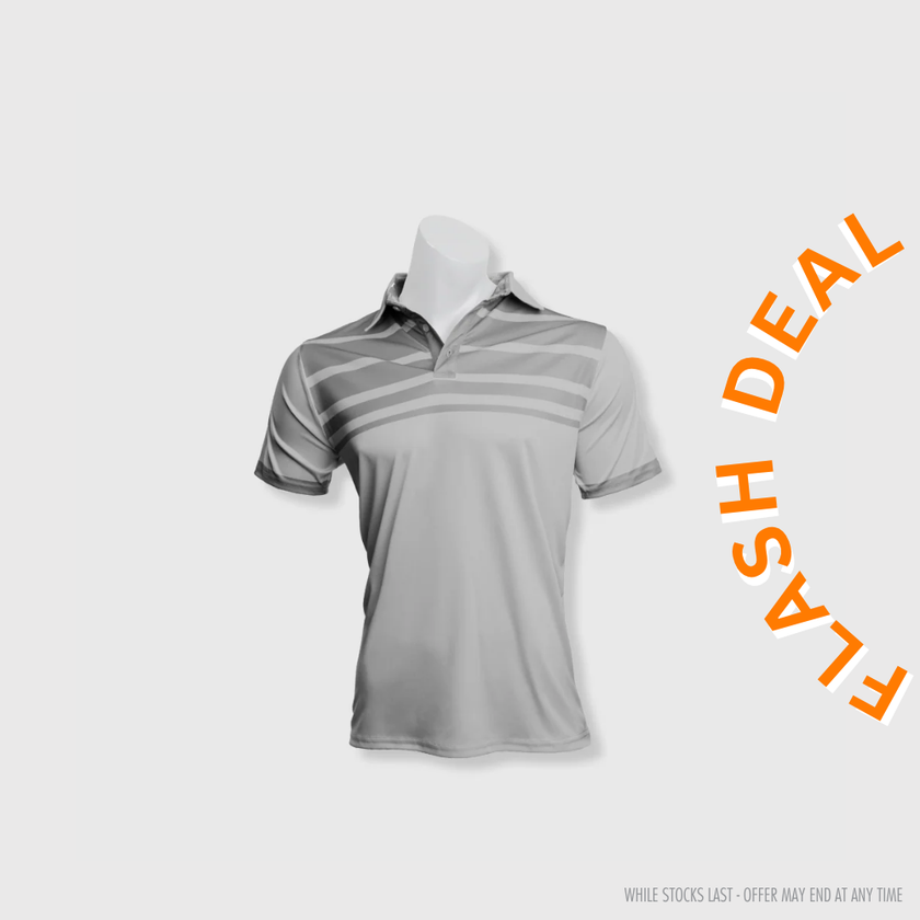 Futurelife® golfer light grey gray polo shirt with horizontal striped accents on chest and sleeves for casual wear