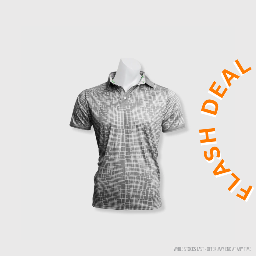 FUTURELIFE® golfer grey polo shirt with white and dark gray geometric grid pattern, short sleeves, and collar