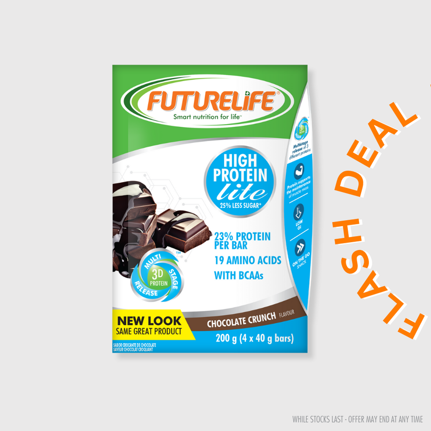 Futurelife high protein lite chocolate crunch bar in green white blue pack