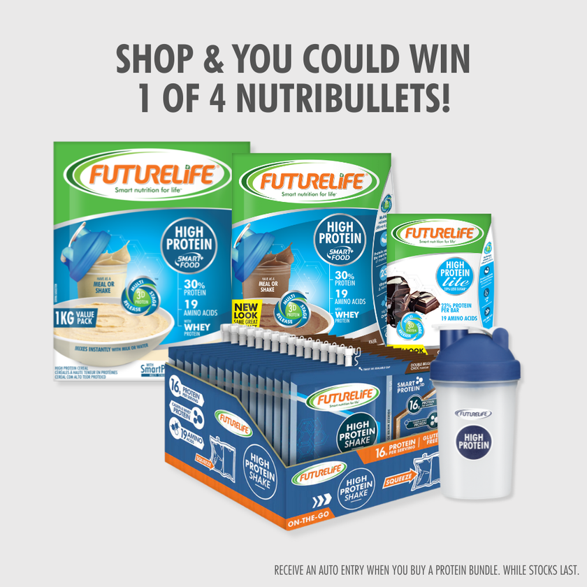 Futurelife Protein Power Up Bundle: blue white high protein shake packets with shaker bottle