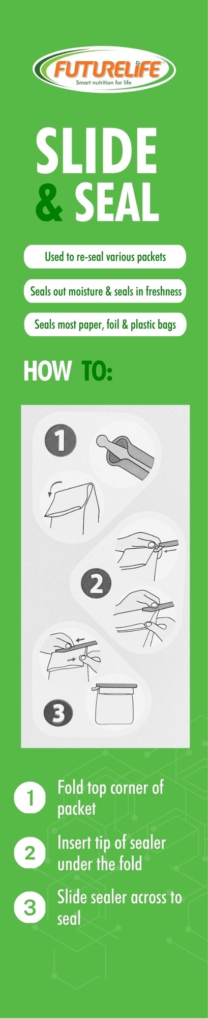 Futurelife Slide & Seal resealable packet sealer in sleek metallic design