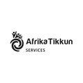 Black and white logo for afrikatikkun services with stylized human figures in the design.