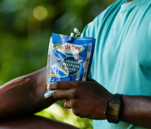 Blue high protein shake packet with white and green accents, future life brand.