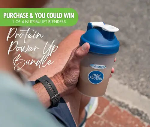 Blue and transparent plastic nutribullet blender with a white lid, labeled ’high protein’