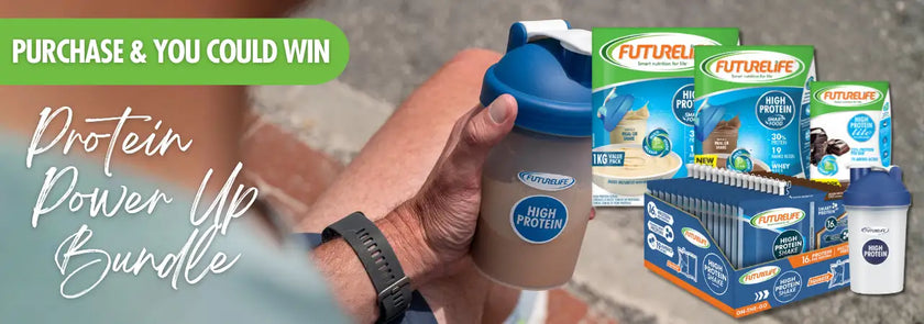 Blue and transparent protein shaker bottle with a blue lid, branded ’futurelife’