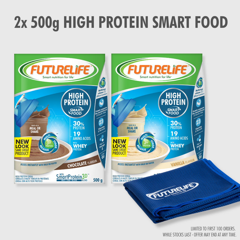 Futurelife High Protein Smart Food in chocolate and vanilla, 500g x2 with cooling towel