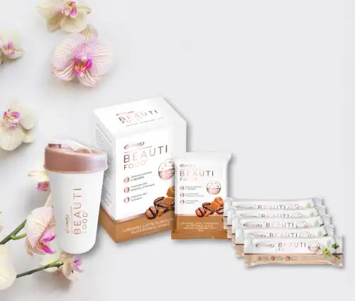 Caramel latte flavor beauti food protein powder in white and brown packaging with a matching travel mug.