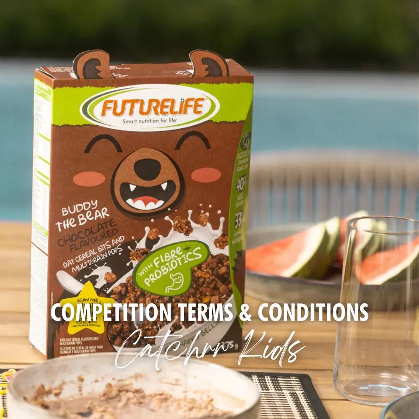 Chocolate-flavored cereal box with a playful bear design and ’futurelife’ branding.