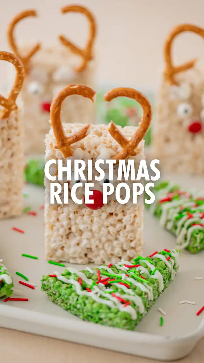 Christmas rice pops with reindeer antlers and green icing.