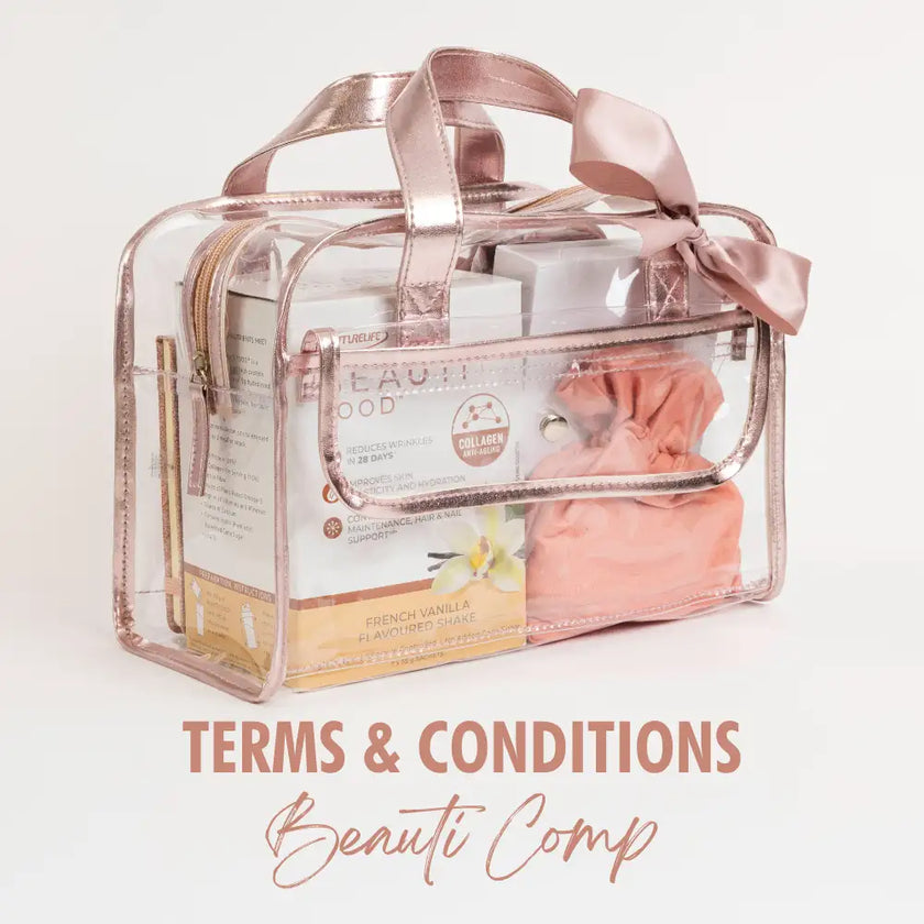 Clear plastic travel bag with rose gold accents and bow, containing beauty products.