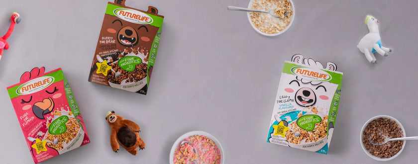 Fruity pebbles cereal box with colorful, playful design and cartoon characters.