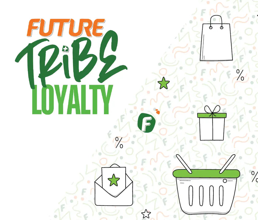 Future tribe loyalty card with green and orange text, white background.