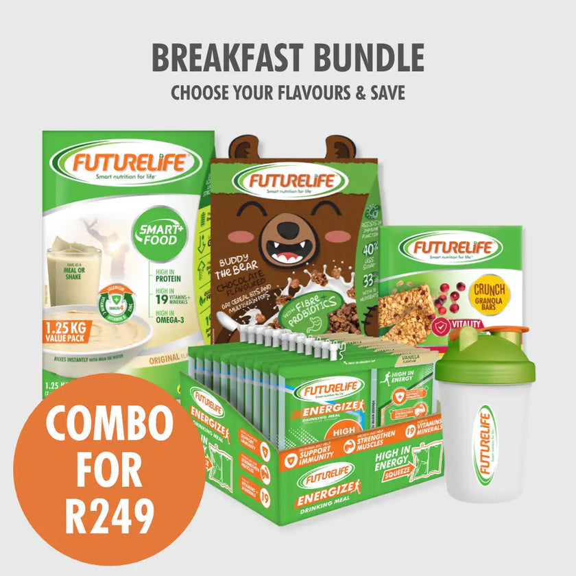 Futurelife breakfast bundle with protein bars, cereal box featuring a bear design and shaker bottle.