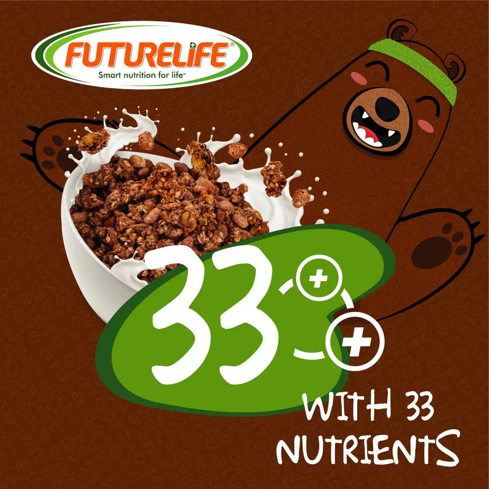Futurelife cereal with 33+ nutrients, featuring a playful bear design.