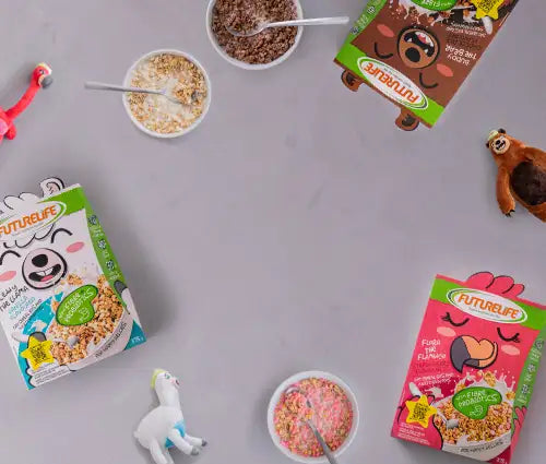 Futurelife cereal box with colorful designs and animal characters.