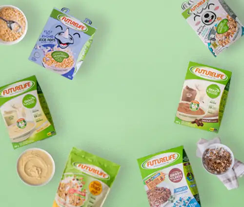 Futurelife cereal box with colorful designs and various flavors.
