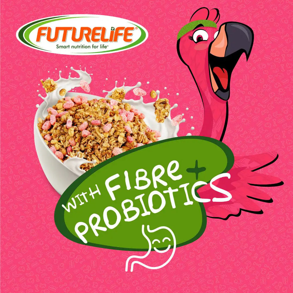 Futurelife cereal with colorful granola and milk splash design.