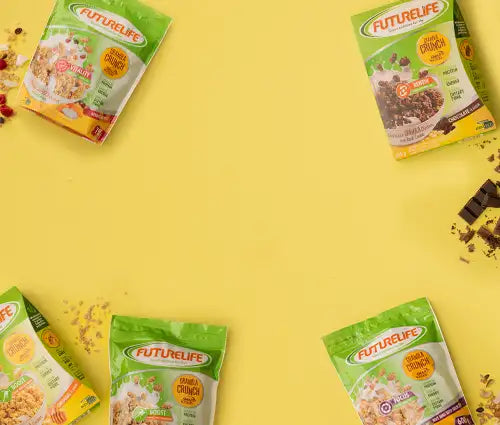 Futurelife cereal packet with colorful designs and chocolate chips.