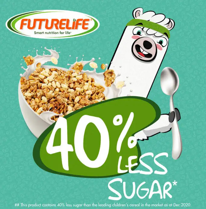 Futurelife cereal with a white llama mascot and green accents.