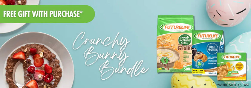 The futurelife crunchy bunny bundle features a colorful assortment of instant oatmeal products in vibrant green and yellow packaging, each labeled with distinct flavor names like ’smart instant oats’ and ’high protein,’ arranged neatly beside a bowl of prepared cereal topped