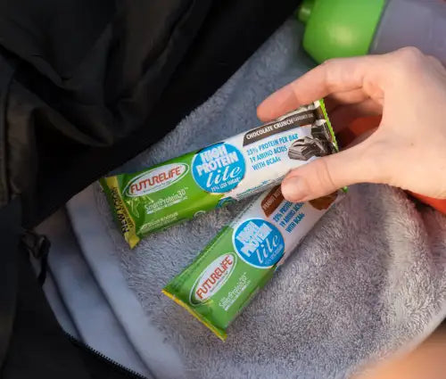 Futurelife high protein bar with chocolate flavor, green packaging.