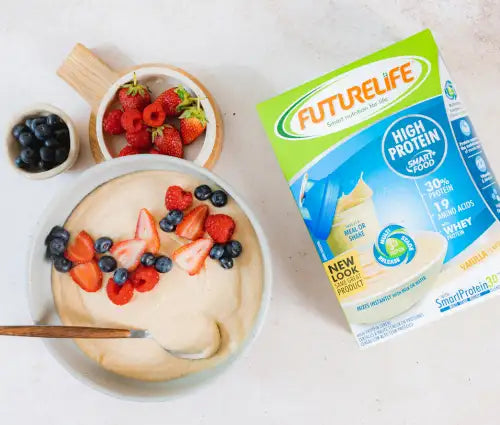 Futurelife high protein drink mix with creamy vanilla flavor, featuring a new look pouch.