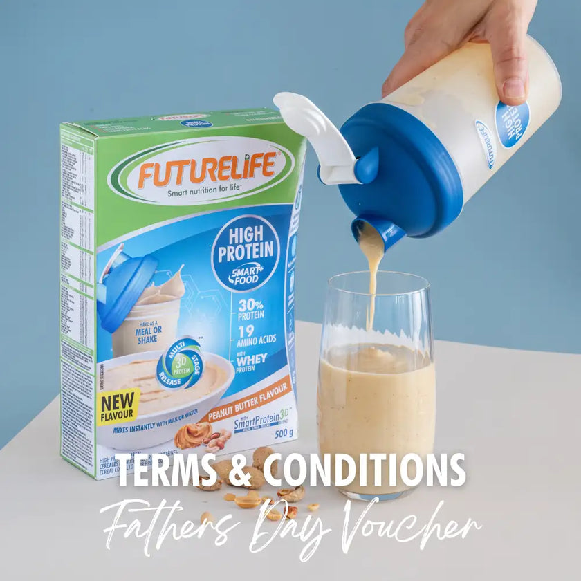 Futurelife high-protein peanut butter flavor whey protein powder.