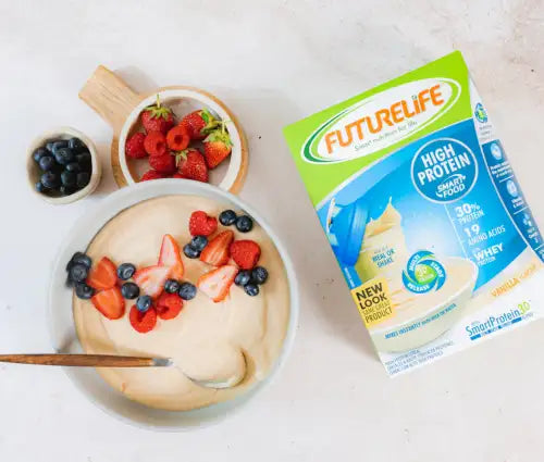 Futurelife high protein powder mix in a green and white box with blue accents.