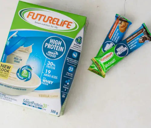 Futurelife high-protein powder packet with green and white packaging, featuring a vanilla flavor.