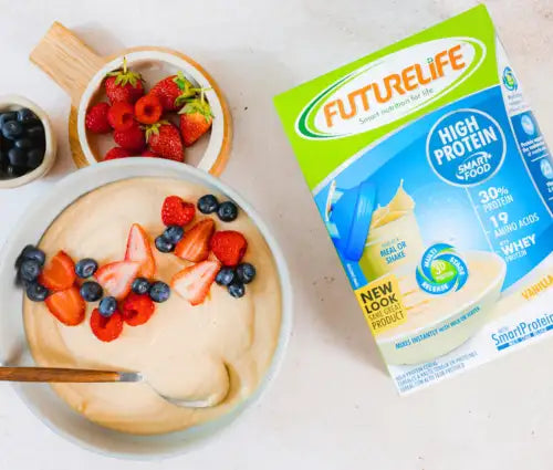 Futurelife high protein smart food vanilla whey protein powder in a green and blue package.