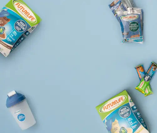 Futurelife high protein snack bar with chocolate flavor, packaged in a blue and white wrapper.