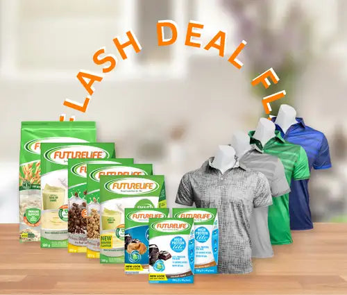 Futurelife meal replacement packs and polo shirts displayed on mannequins.