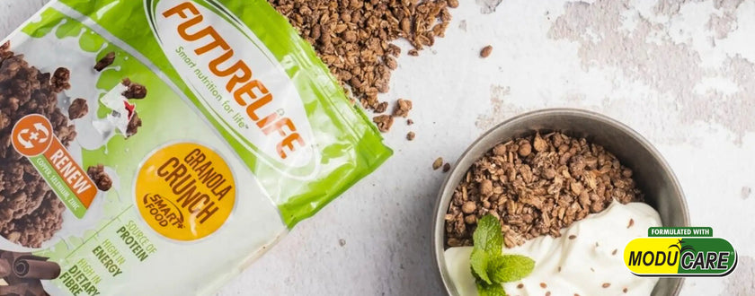 Futurelife original crunch cereal bar with chocolate chips, wrapped in green and white packaging.