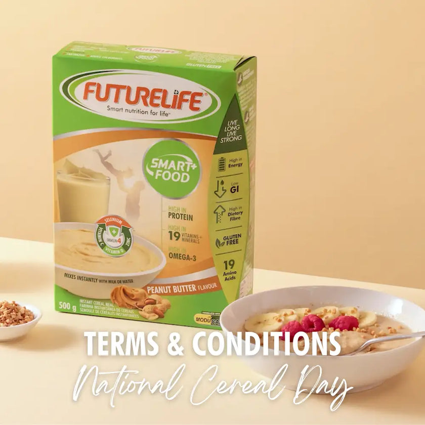 Futurelife peanut butter flavored cereal box with green and white packaging.