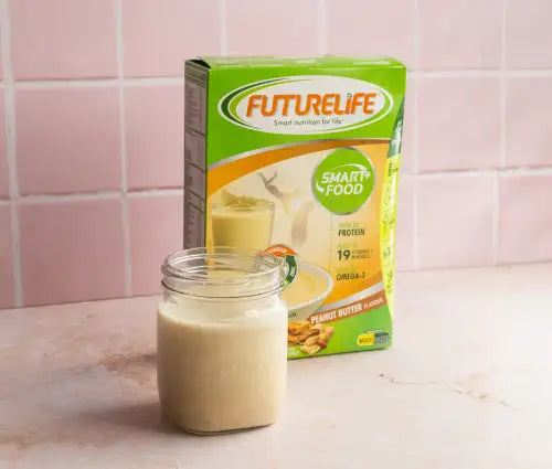 Futurelife peanut butter protein powder jar.