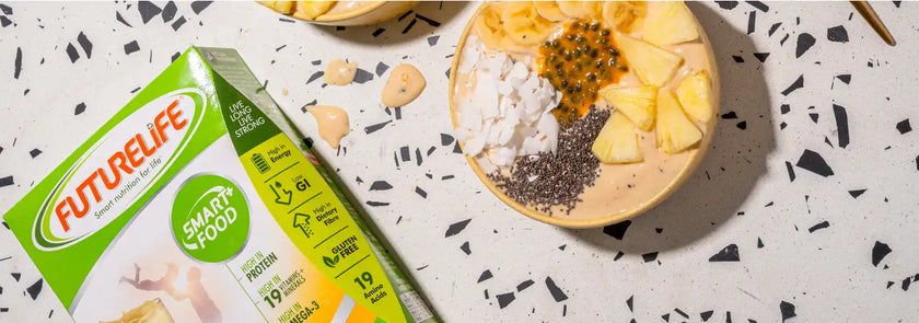 Futurelife protein bar with peanut butter flavor, wrapped in green and yellow packaging.