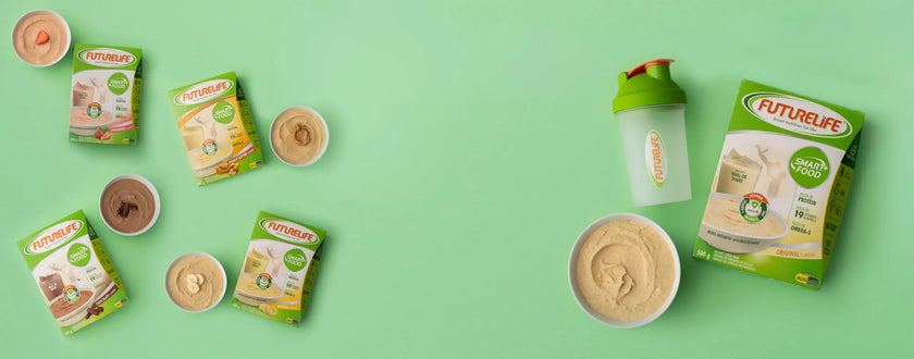 Futurelife protein powder jar with green lid and white label.