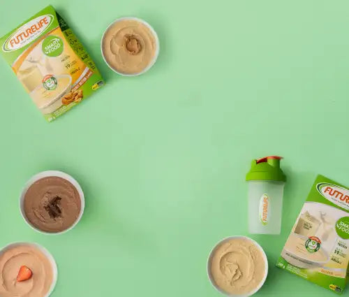 Futurelife protein powder in vanilla flavor, packaged with a green shaker bottle and chocolate-flavored cups.