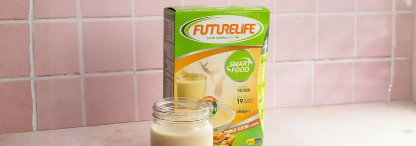 Futurelife smoothie powder jar with green and yellow label.