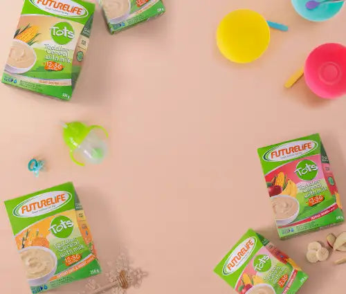 Futurelife tots baby food pouches with colorful designs and green accents.