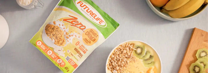 Futurelife zepo cereal with kiwi and banana slices.