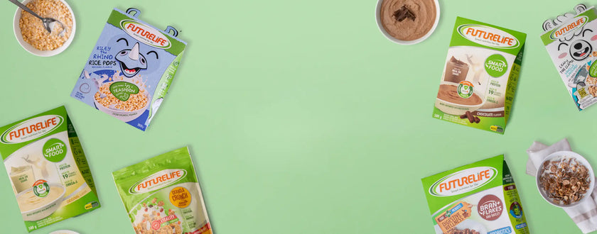 Futurlife cereal box with colorful designs and a smiling face.