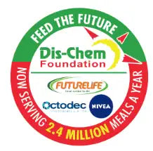 Green circular logo with red and white text, featuring dis-chem foundation branding.
