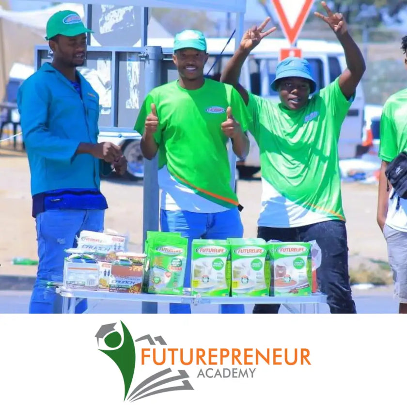 Green futurepreneur academy t-shirt with white logo and blue cap.