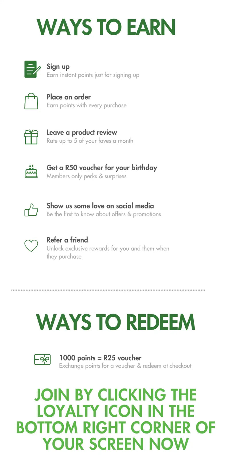 Green loyalty card with white text and icons, designed for earning rewards.