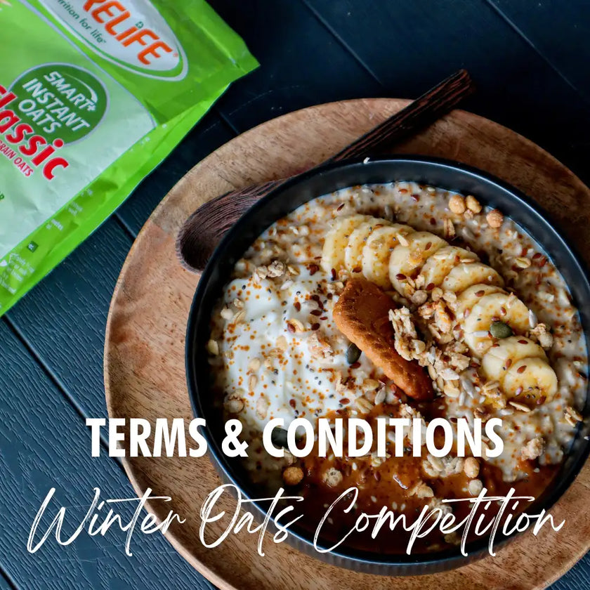 Green packet of lifeline smart instant oats classic flavor with wooden spoon and bowl containing oatmeal topped with banana slices.