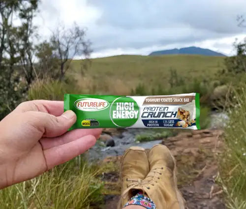 Green protein crunch bar with white and yellow accents, futurelife brand.